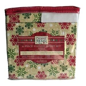 Debbie Mumm Christmas Queen Sheet Set Snowflake 4 Pillowcases Flat Fitted Sheet